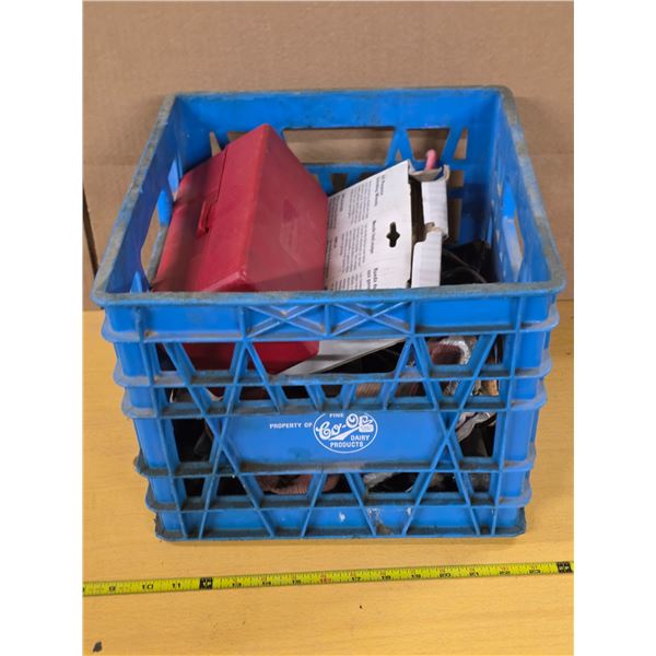 Blue milk crate with hardware