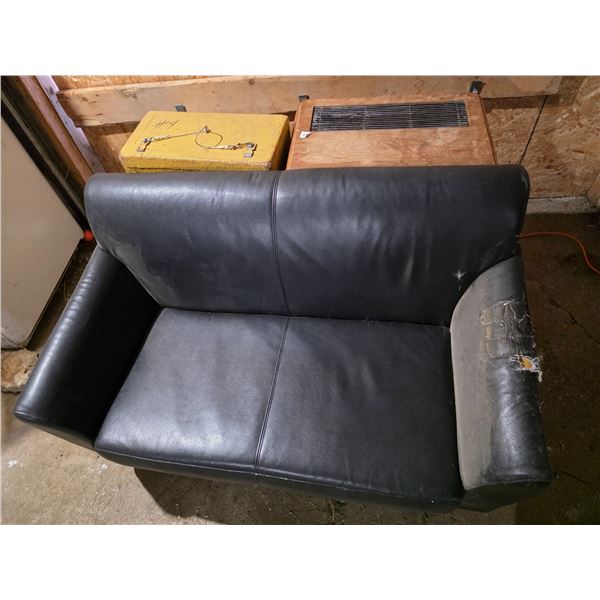 Couch, wood carry case and antique humidifier