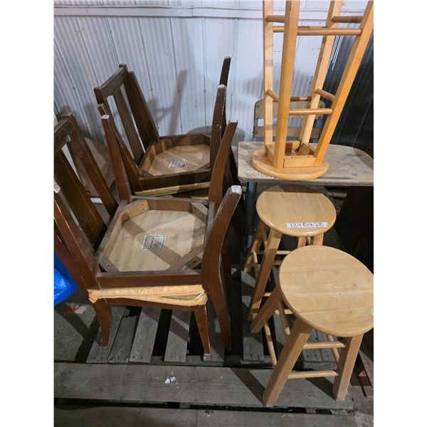 Pallet of vintage chairs, stools and desk
