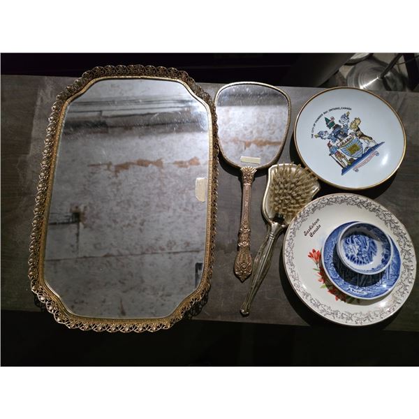 Vintage mirrors and brush and plates