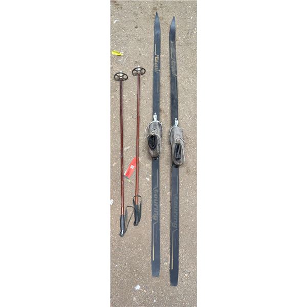 Pair of Vintage wood Skis w/ Poles and shoes 83"