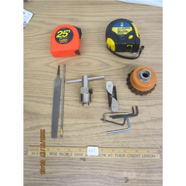 Tool Lot 2 Tape Measures , Files ,Wire Wheel , Allen Keys, Removal Tool