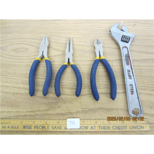 Lot of 3 Different Sets of Pliers and a Wrench