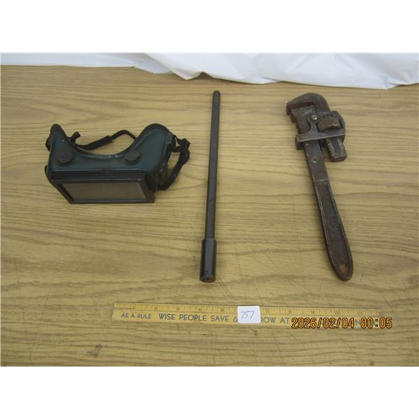 Lot of Welding Googles , ½ inch Drill Extension  and a Pipe Wrench