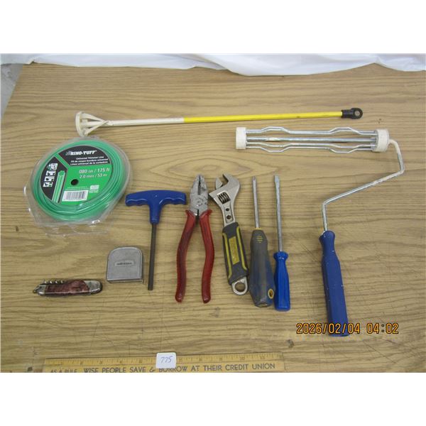 Lot of Hand Tools and a Roll of Weed Trimmer Line Plus Some Painting Tools