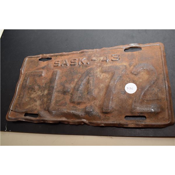 1943 Sask Farm 3-Digit Licence Plate