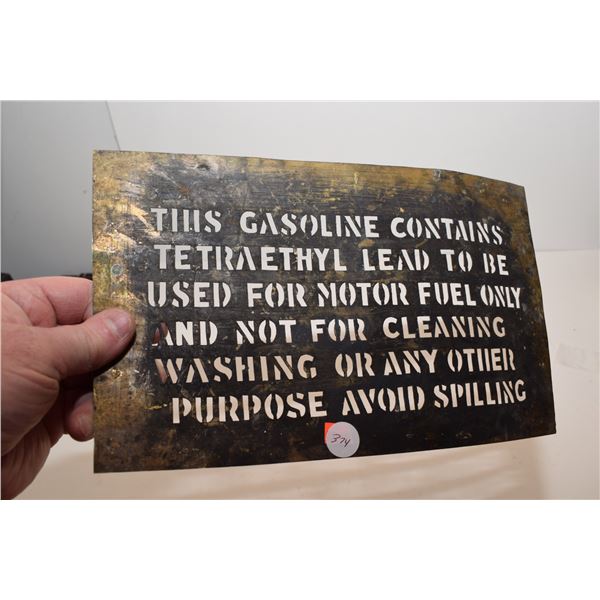 Brass Gasoline Warning Stencil