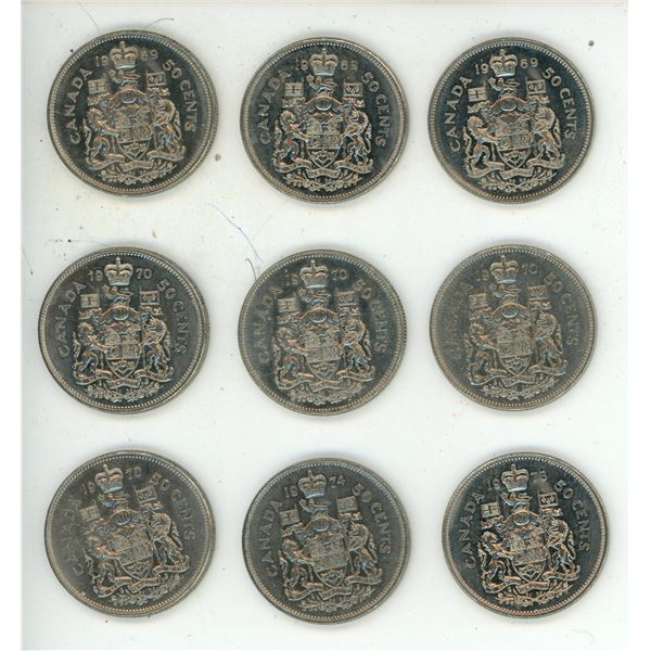 (3) 1969, (4) 1970, 1973 and 1974 Canada 50 Cents Coins.