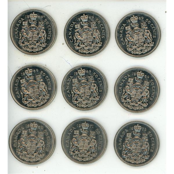 (7) 1969, 1971, 1973 Canada 50 Cents Coins.