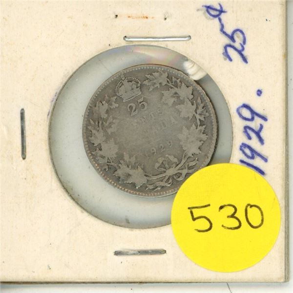1929 Canada Silver 25 Cents.
