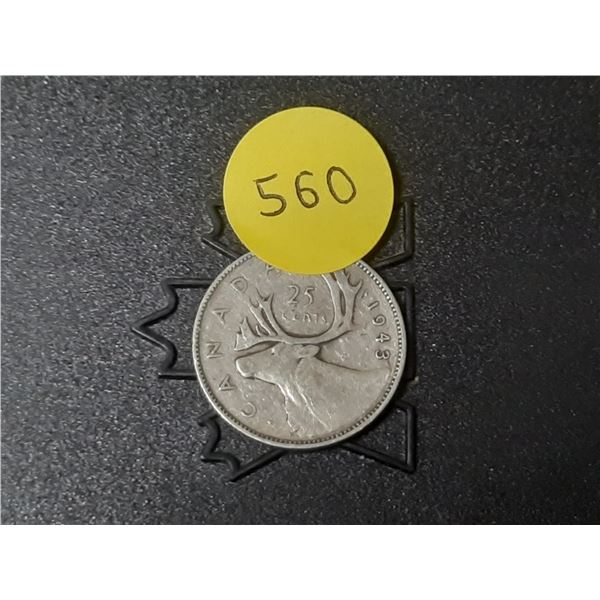 1943 Canada Silver 25 Cents.