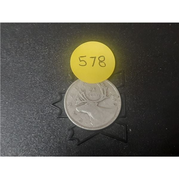 1940 Canada Silver 25 Cents.