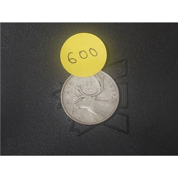 1947 Maple Leaf After 7 Canada Silver 25 Cents.