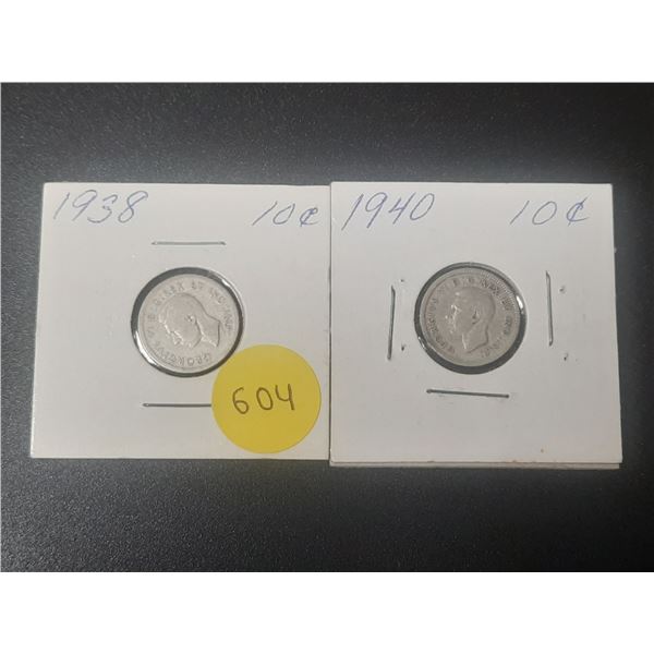 1938 and 1940 Canada Silver 10 Cents.