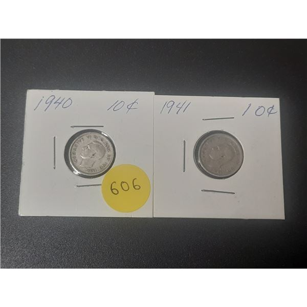 1940 and 1941 Canada Silver 10 Cents.