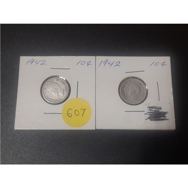 (2) 1942 Canada Silver 10 Cents.