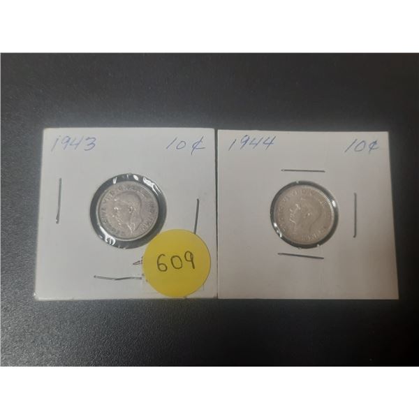 1943 and 1944 Canada Silver 10 Cents.