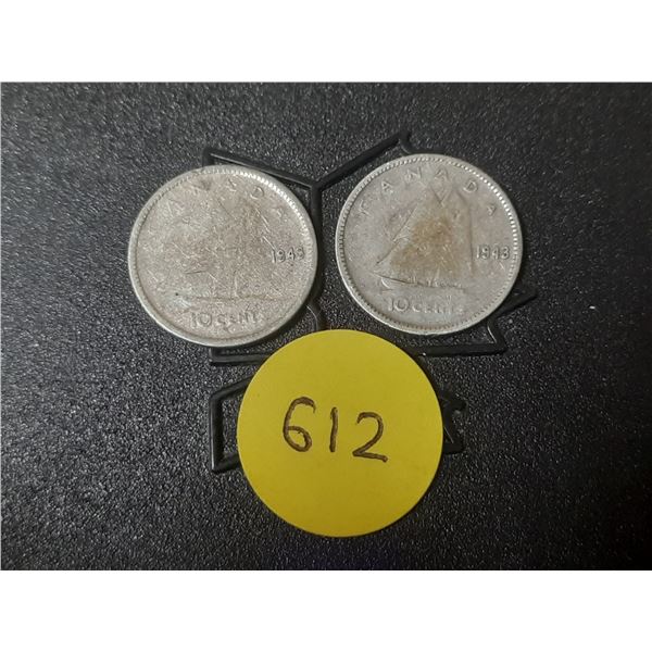 (2) 1943 Canada Silver 10 Cents.