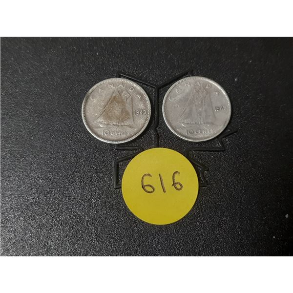 (2) 1943 Canada Silver 10 Cents.