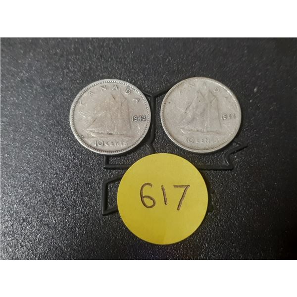 1943 and 1944 Canada Silver 10 Cents.