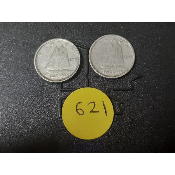(2) 1947 Maple Leaf After 7 Canada Silver 10 Cents.