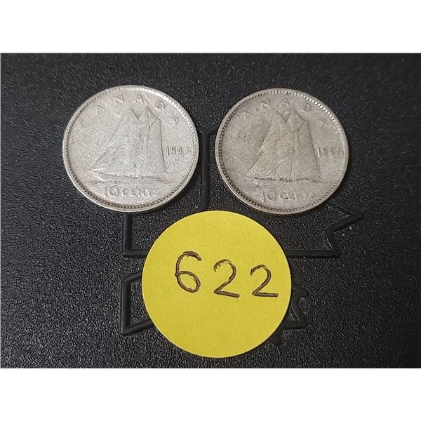 (2) 1947 Maple Leaf After 7 Canada Silver 10 Cents.