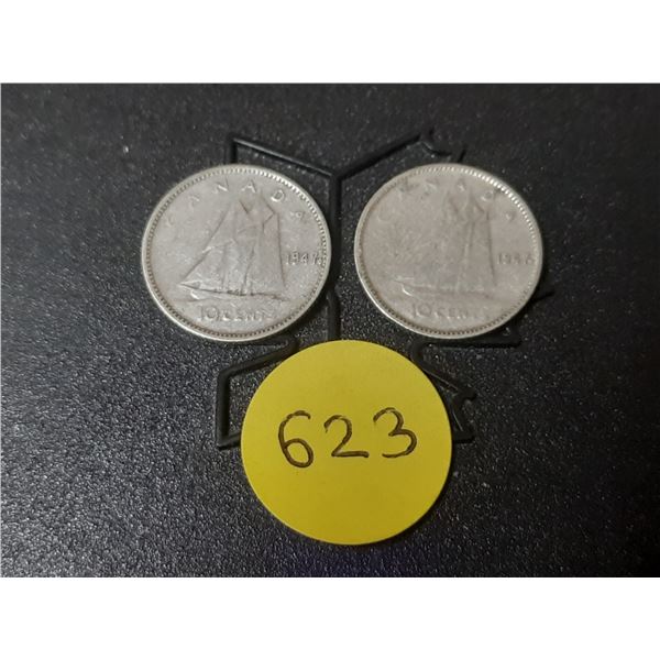 (2) 1947 Maple Leaf After 7 Canada Silver 10 Cents.