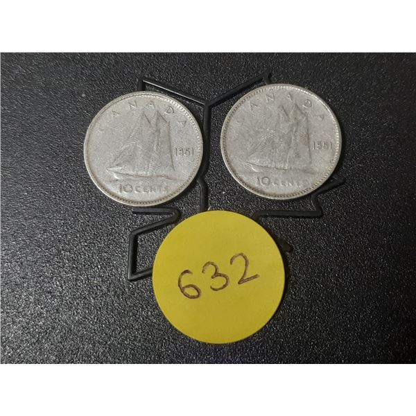 (2) 1951 Canada Silver 10 Cents.