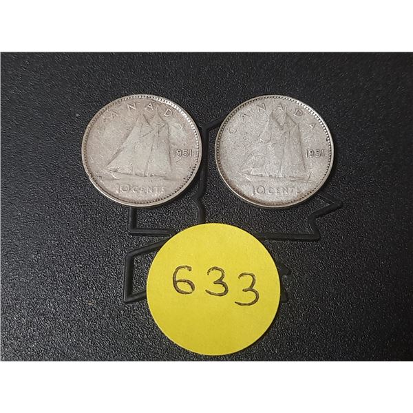 (2) 1951 Canada Silver 10 Cents.