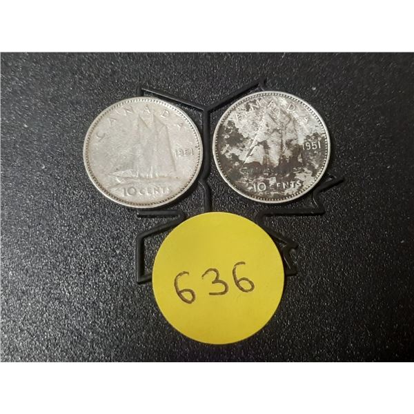 (2) 1951 Canada Silver 10 Cents.