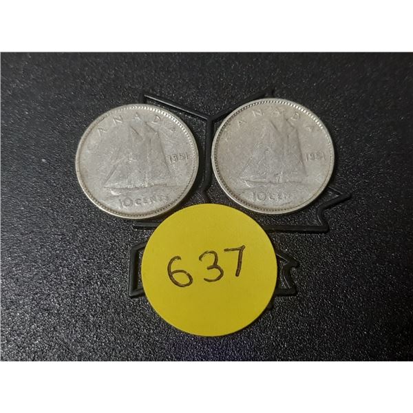 (2) 1951 Canada Silver 10 Cents.