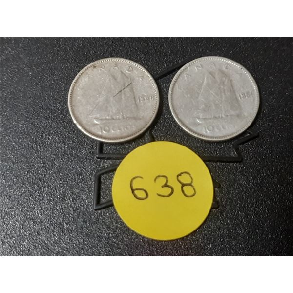1950 and 1951 Canada Silver 10 Cents.