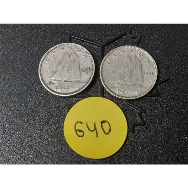 1949 and 1950 Canada Silver 10 Cents.