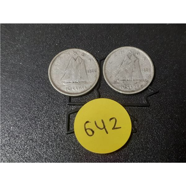 (2) 1952 Canada Silver 10 Cents.