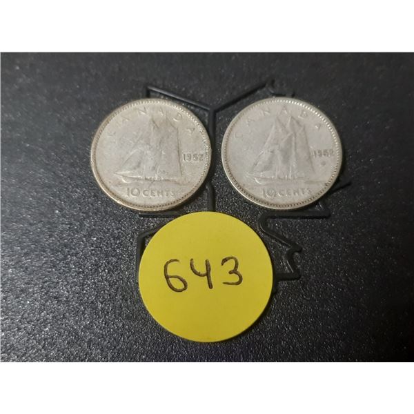 (2) 1952 Canada Silver 10 Cents.