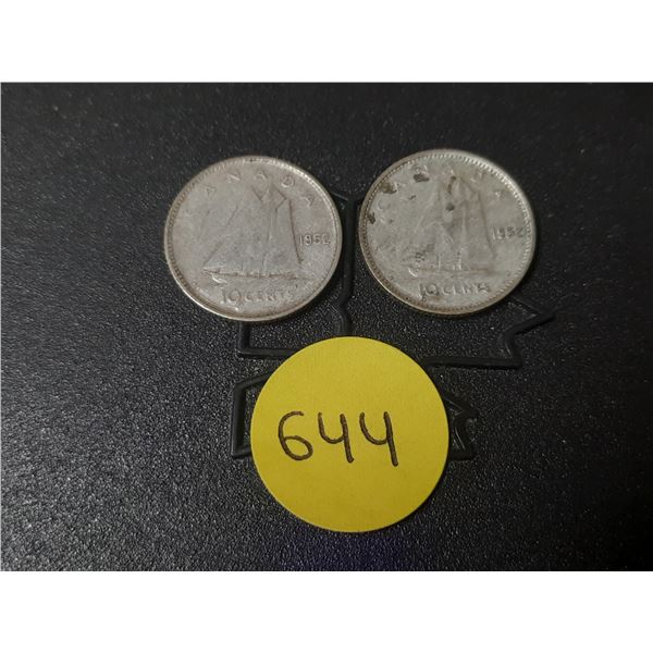 (2) 1952 Canada Silver 10 Cents.