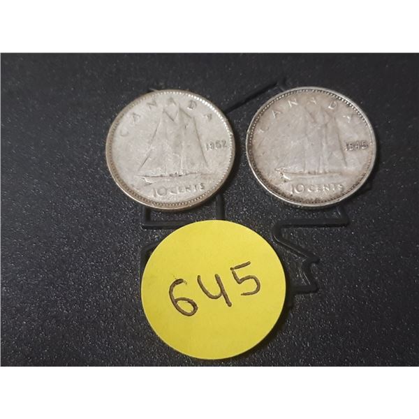 1945 and 1952 Canada Silver 10 Cents.