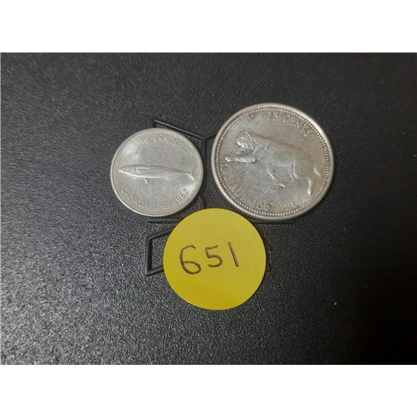 1967 Canada Silver 10 and 25 Cents.