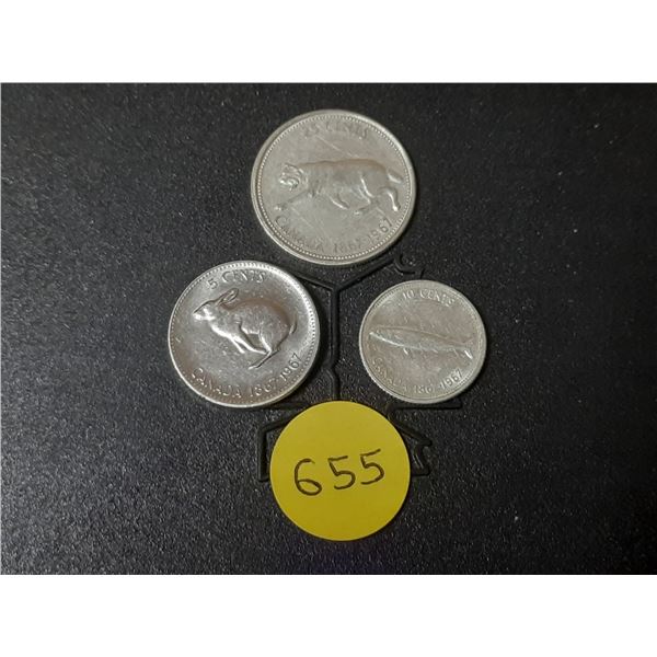 1967 Canada Silver 10 and  25 Cents & 1967 Canada 5 Cents.
