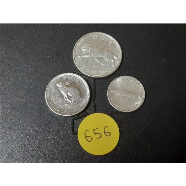 1967 Canada Silver 10 and  25 Cents & 1967 Canada 5 Cents.