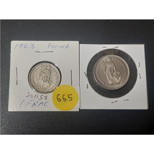 1963 Swiss 1 Franc Coin - Silver (83.5% silver and 16.5% copper) and 1968 Swiss 2 Franc.