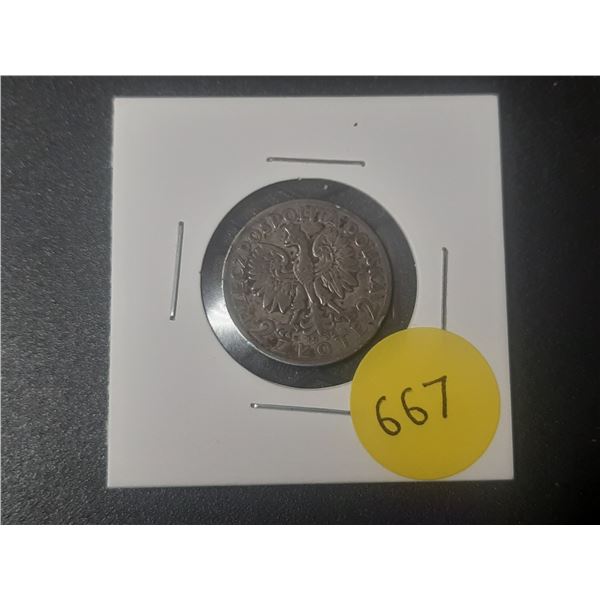 1932 Poland 2 Z?ote (Polonia) coin is made of silver, specifically .750 fineness (75% silver, 25% co