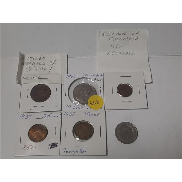 1958 Argentina 1 Peso, 1969 10 New Pence, (2) 1937 3 Pence, Repeblic of Colombia 1967 1 Centano, Vit