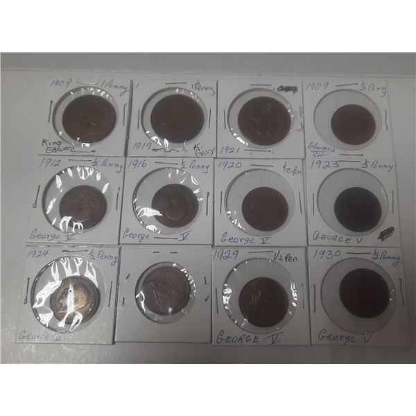 1909, 1919, 1921 Great Britain One Penny & 1912, 1916, 1920, 1923, 1924, 1927, 1929, 1930 Great Brit
