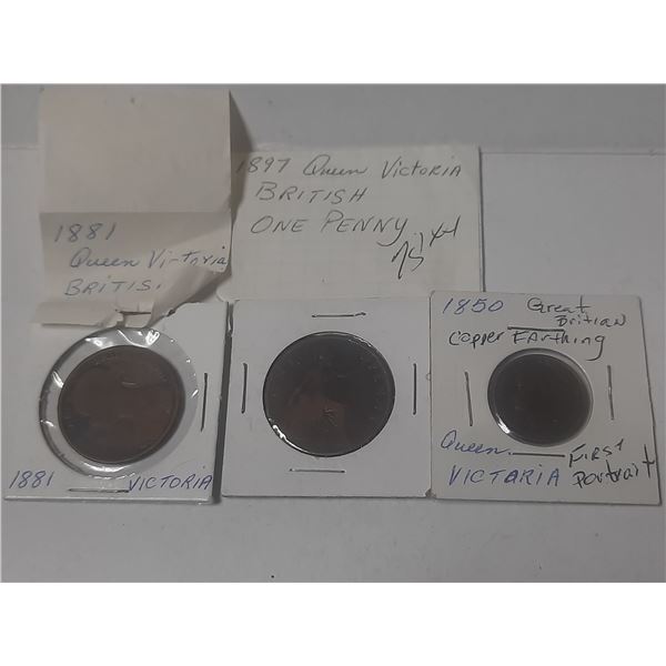 1881, 1897 Great Britain Queen Victoria One Penny & 1850 Great Britain Copper Farthing Queen Victori