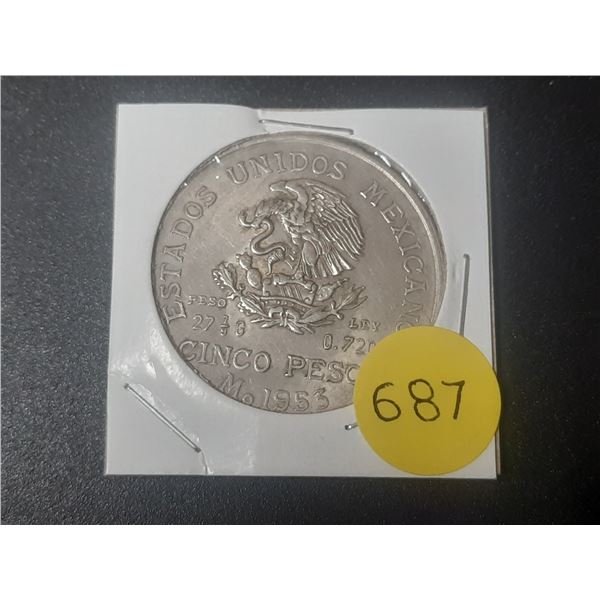 1953 Mexico 5 Pesos Silver Coin.