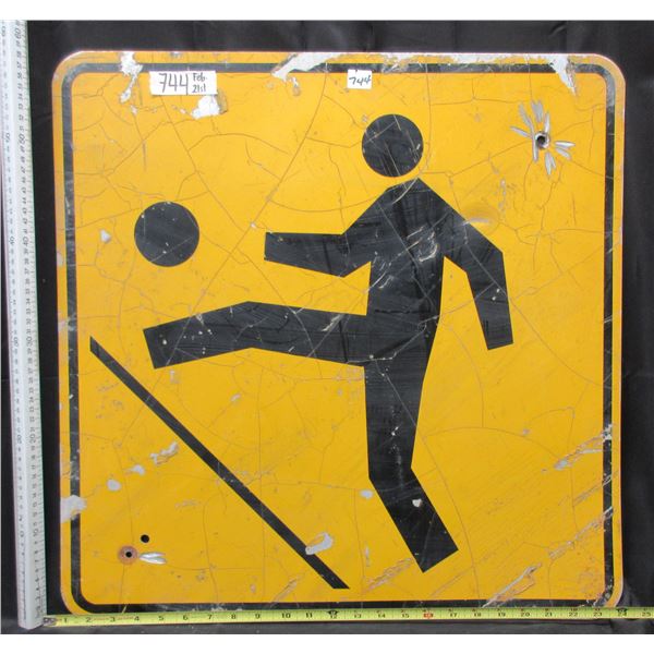 Kids Playing Metal Highway Sign