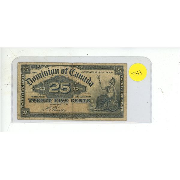 1900 Dominion of Canada 25 Cents Shinplaster.
