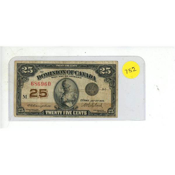 1923 Dominion of Canada 25 Cents Shinplaster.
