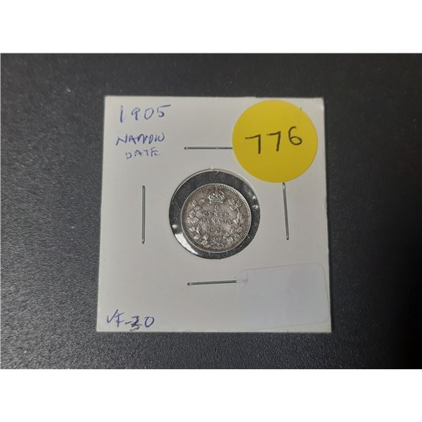 1905 Canada Silver 5 Cents Coin - Narrow Date.